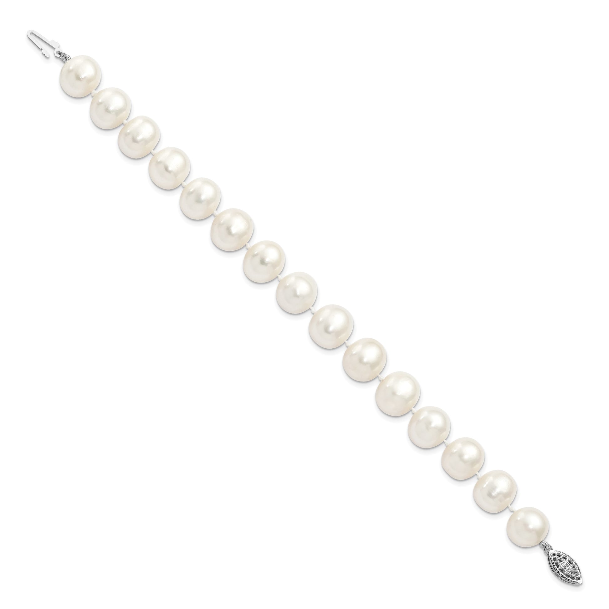 Sterling Silver Rhodium-plated 11-12mm White Near-Round Freshwater Cultured Pearl 7.25 inch Bracelet