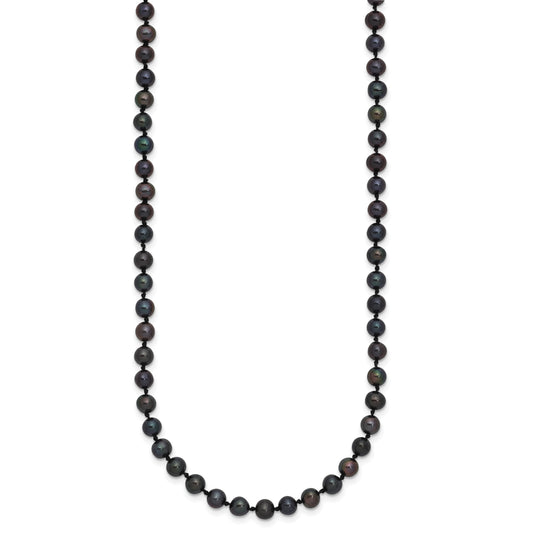 Sterling Silver Rhodium-plated 4-5mm Black Near-Round Freshwater Cultured Pearl 24 inch Necklace