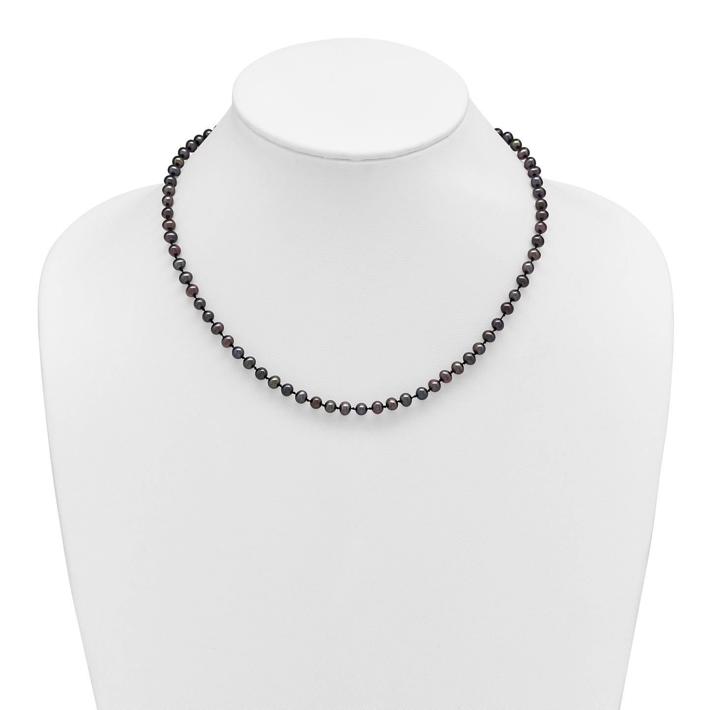 Sterling Silver Rhodium-plated 4-5mm Black Near-Round Freshwater Cultured Pearl 16 inch Necklace