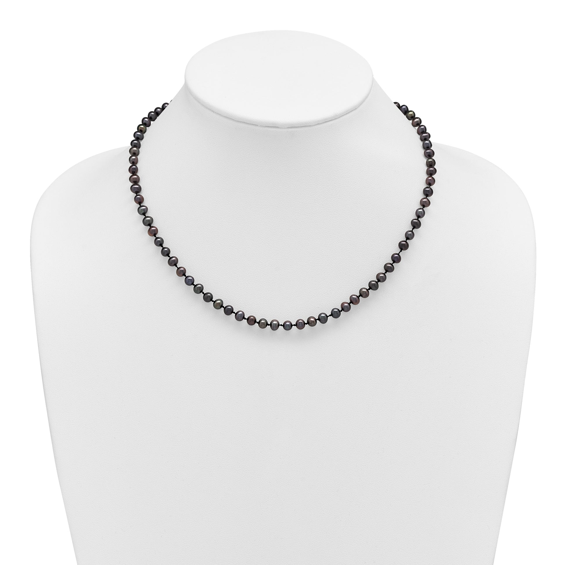 Sterling Silver Rhodium-plated 4-5mm Black Near-Round Freshwater Cultured Pearl 16 inch Necklace