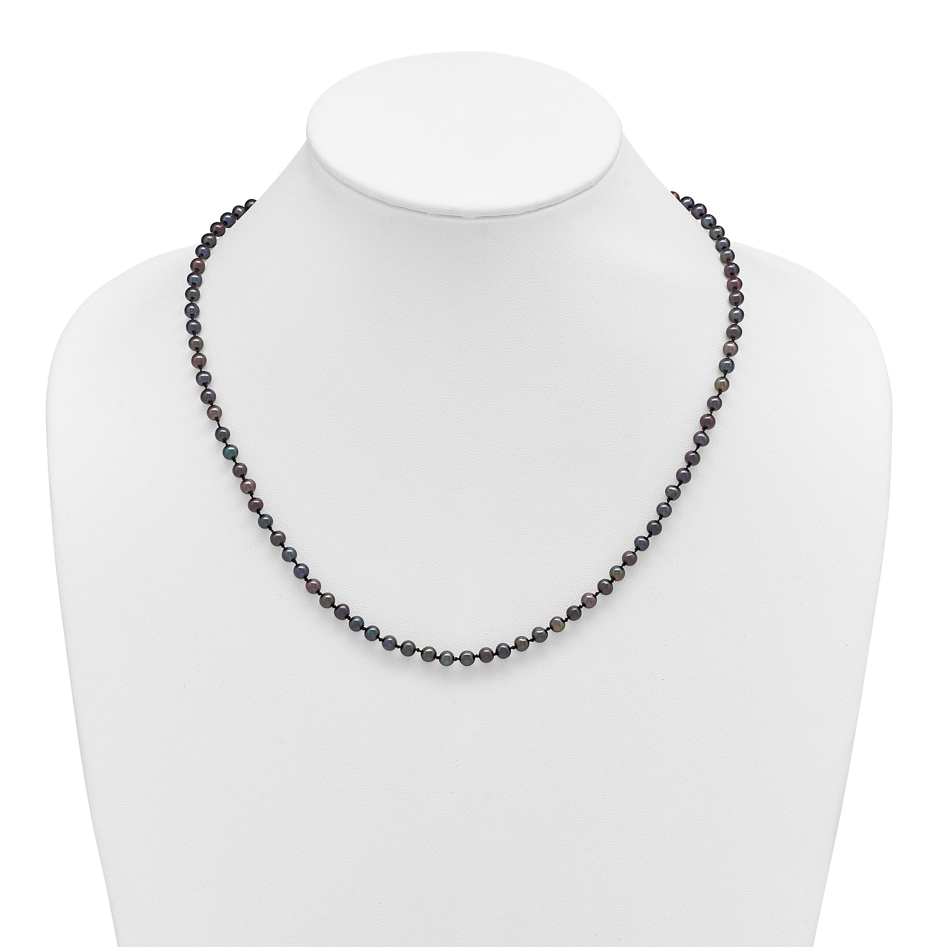 Sterling Silver Rhodium-plated 4-5mm Black Near-Round Freshwater Cultured Pearl 18 inch Necklace