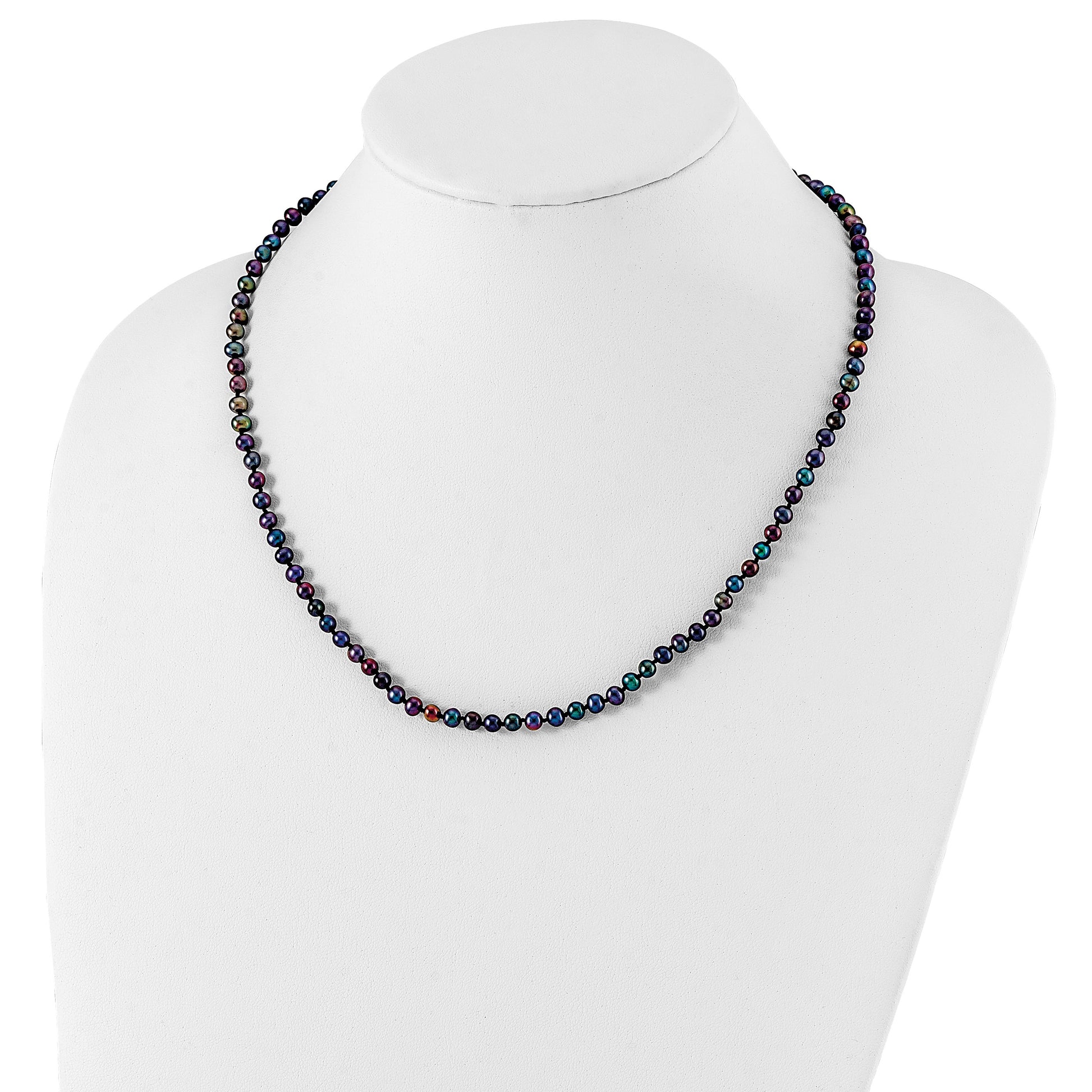 Sterling Silver Rhodium-plated 4-5mm Black Near-Round Freshwater Cultured Pearl 20 inch Necklace