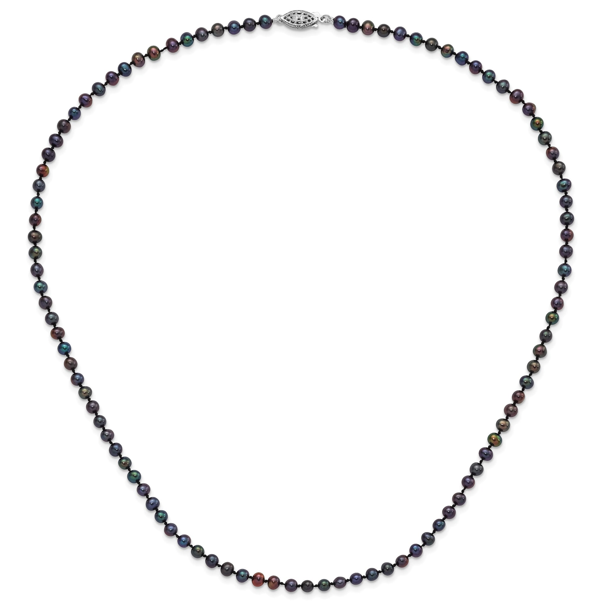 Sterling Silver Rhodium-plated 4-5mm Black Near-Round Freshwater Cultured Pearl 20 inch Necklace