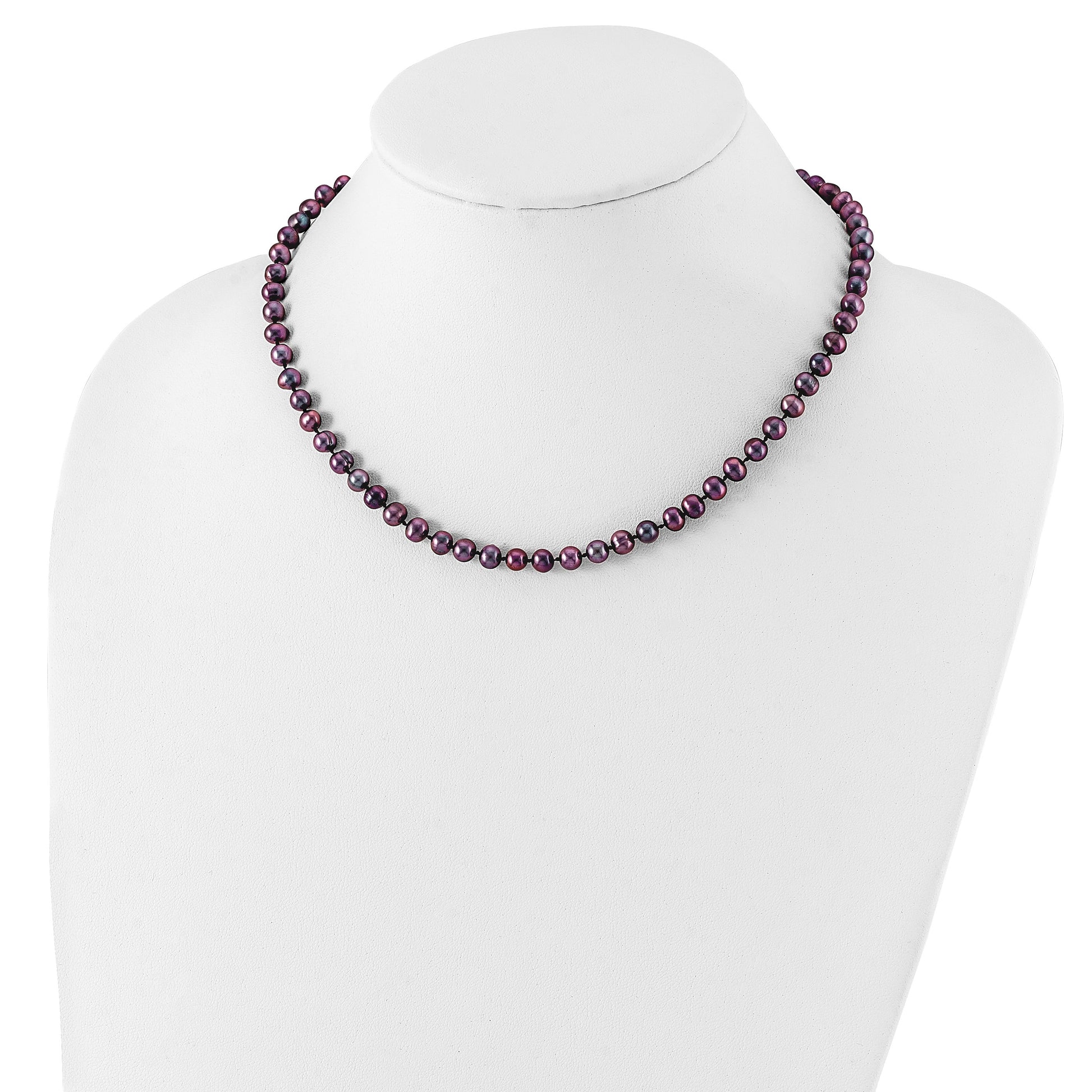 Sterling Silver Rhodium-plated 5-6mm Black Near-Round Freshwater Cultured Pearl 16 inch Necklace