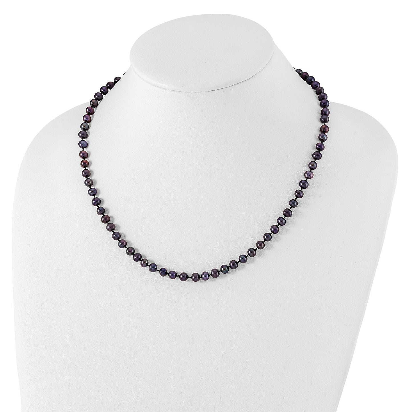 Sterling Silver Rhodium-plated 5-6mm Black Near-Round Freshwater Cultured Pearl 18 inch Necklace