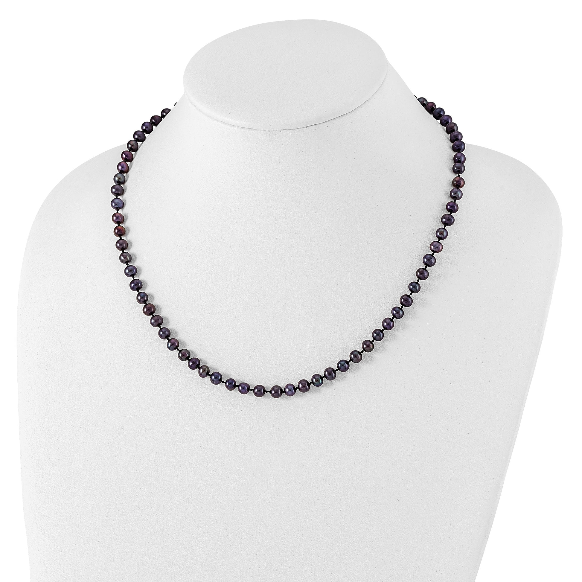 Sterling Silver Rhodium-plated 5-6mm Black Near-Round Freshwater Cultured Pearl 18 inch Necklace