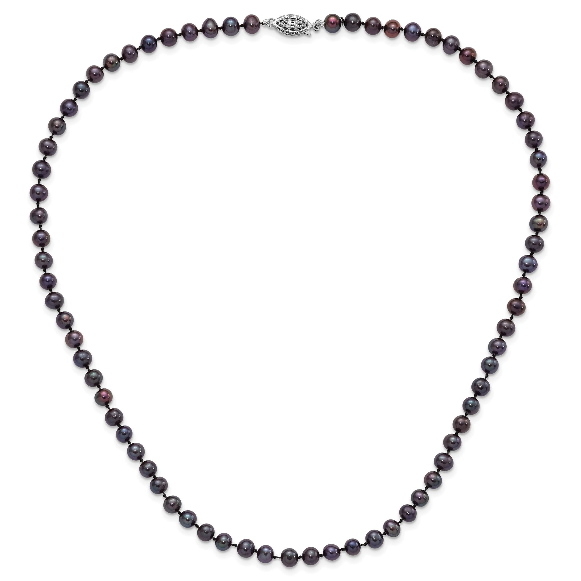 Sterling Silver Rhodium-plated 5-6mm Black Near-Round Freshwater Cultured Pearl 18 inch Necklace