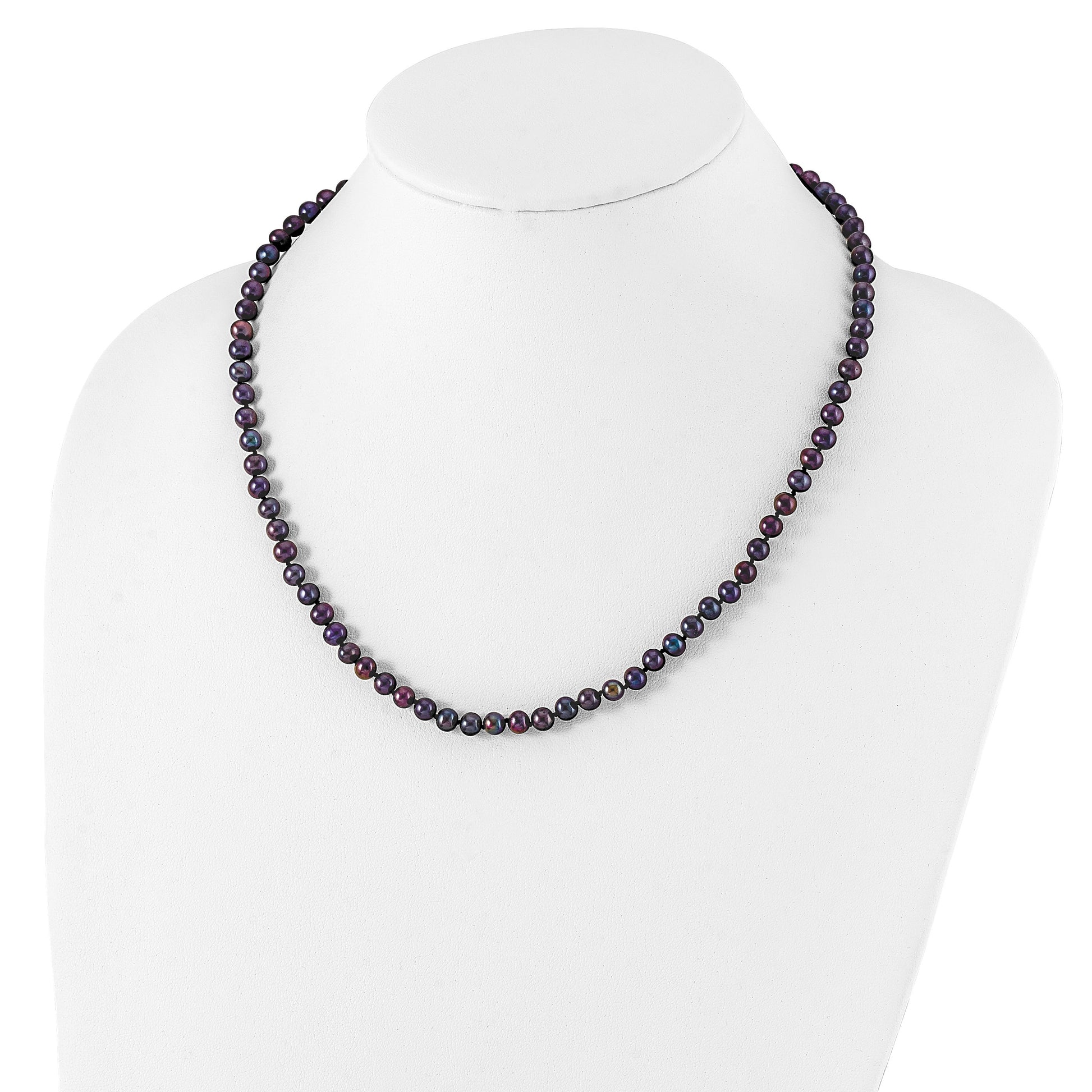 Sterling Silver Rhodium-plated 5-6mm Black Near-Round Freshwater Cultured Pearl 20 inch Necklace