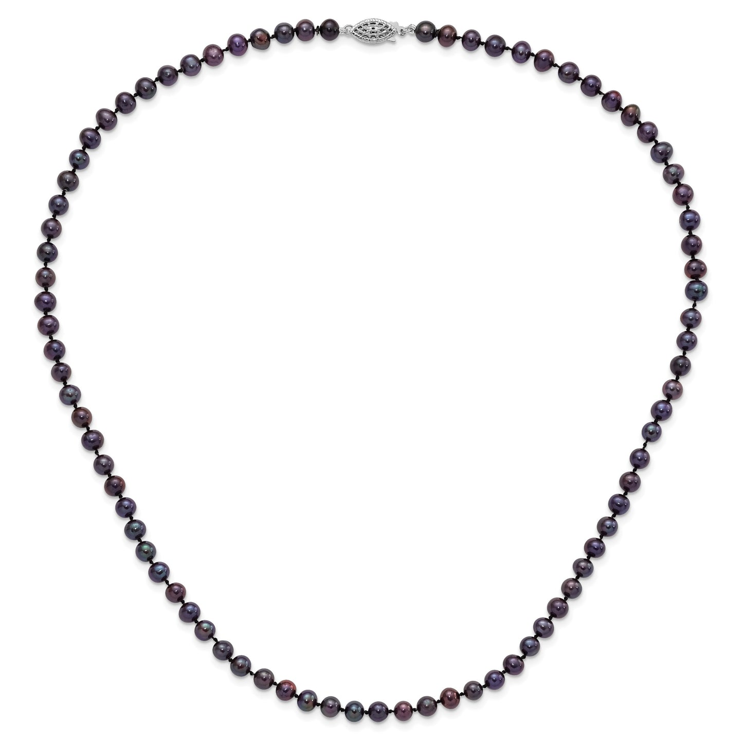 Sterling Silver Rhodium-plated 5-6mm Black Near-Round Freshwater Cultured Pearl 20 inch Necklace