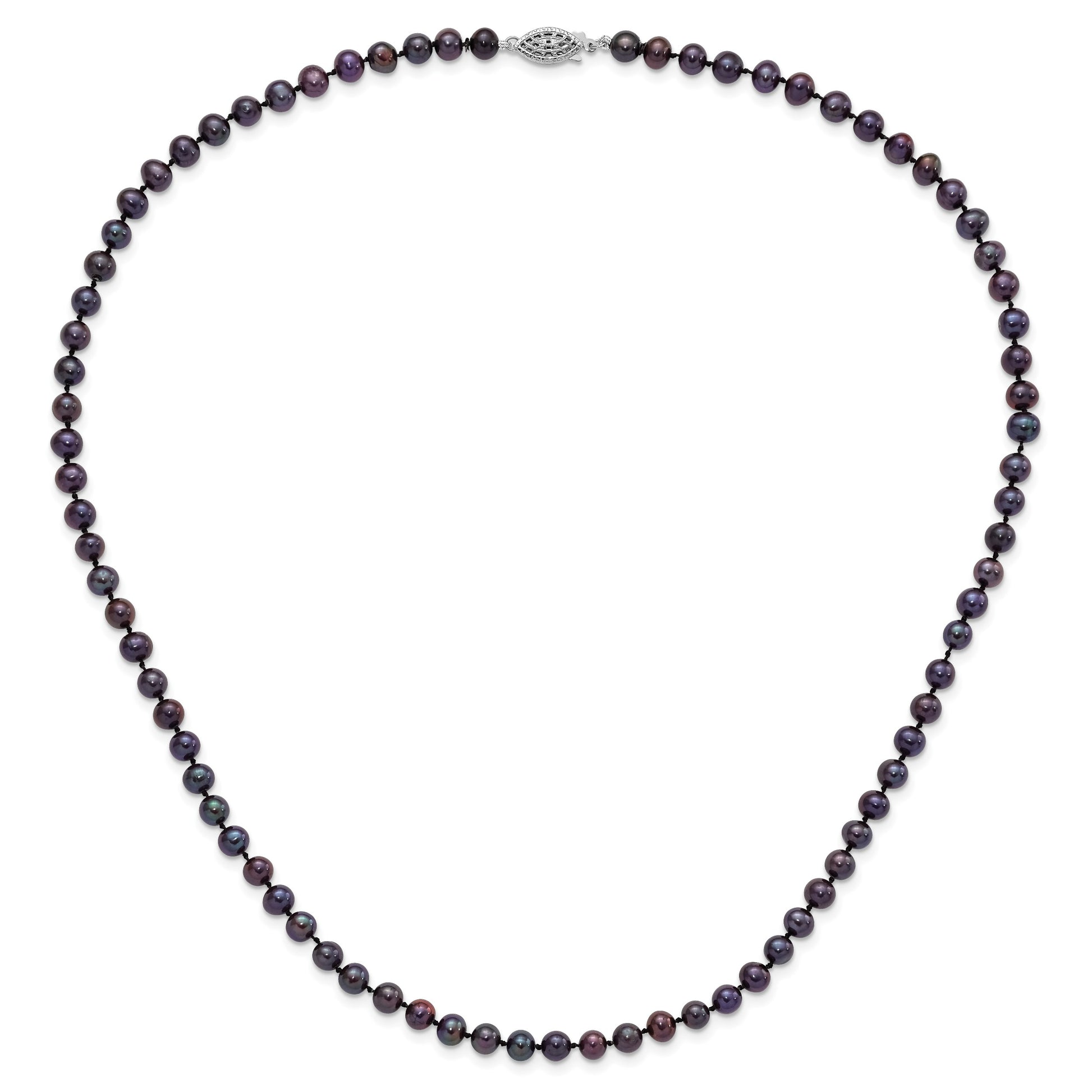 Sterling Silver Rhodium-plated 5-6mm Black Near-Round Freshwater Cultured Pearl 20 inch Necklace