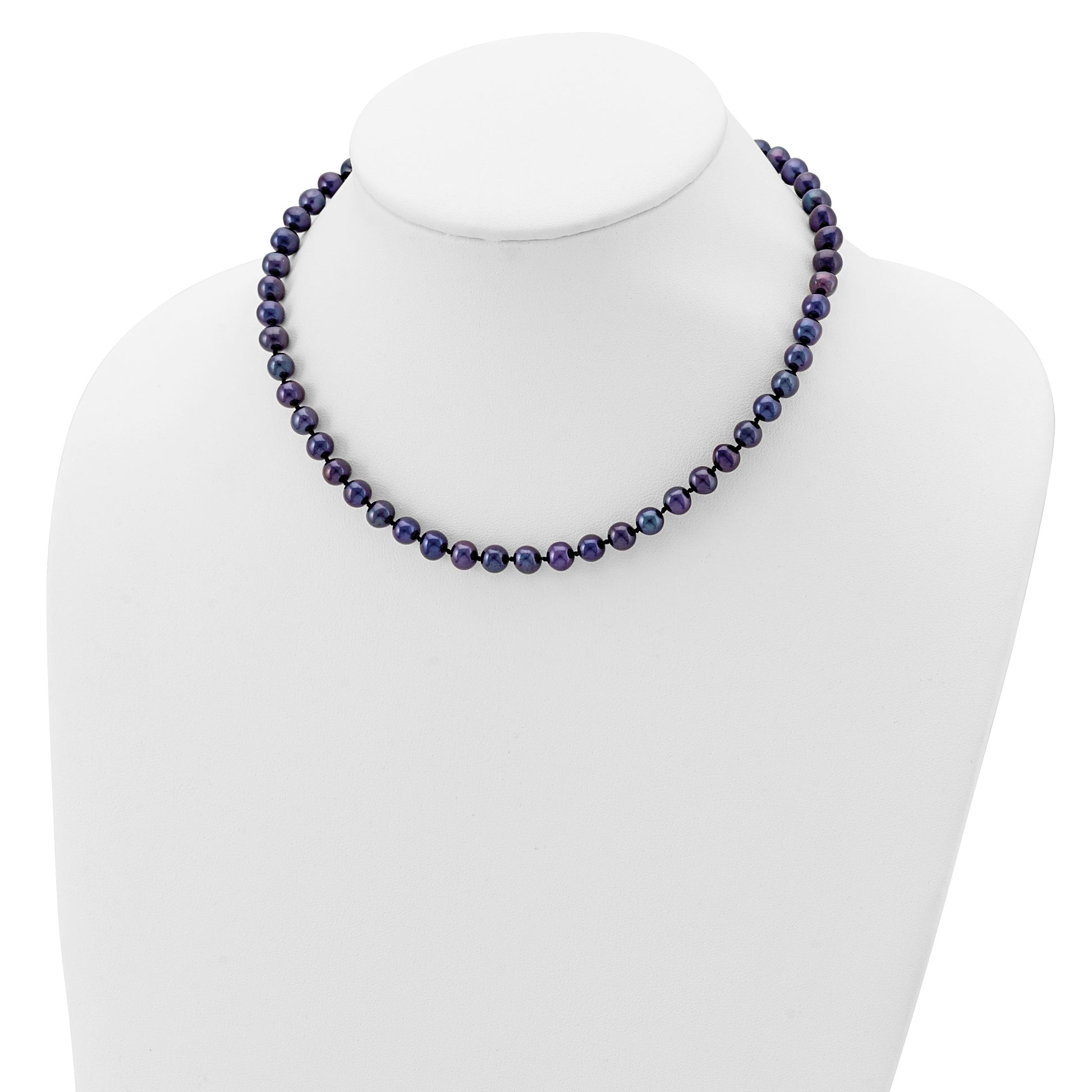 Sterling Silver Rhodium-plated 6-7mm Black Near-Round Freshwater Cultured Pearl 16 inch Necklace