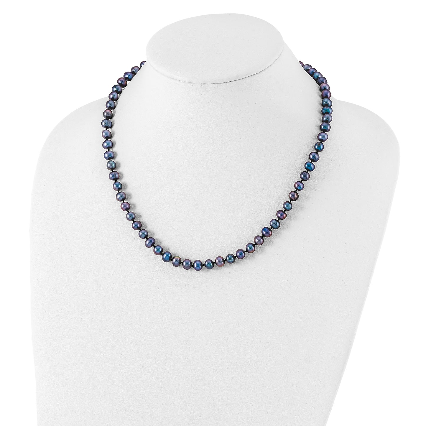 Sterling Silver Rhodium-plated 6-7mm Black Near-Round Freshwater Cultured Pearl 18 inch Necklace