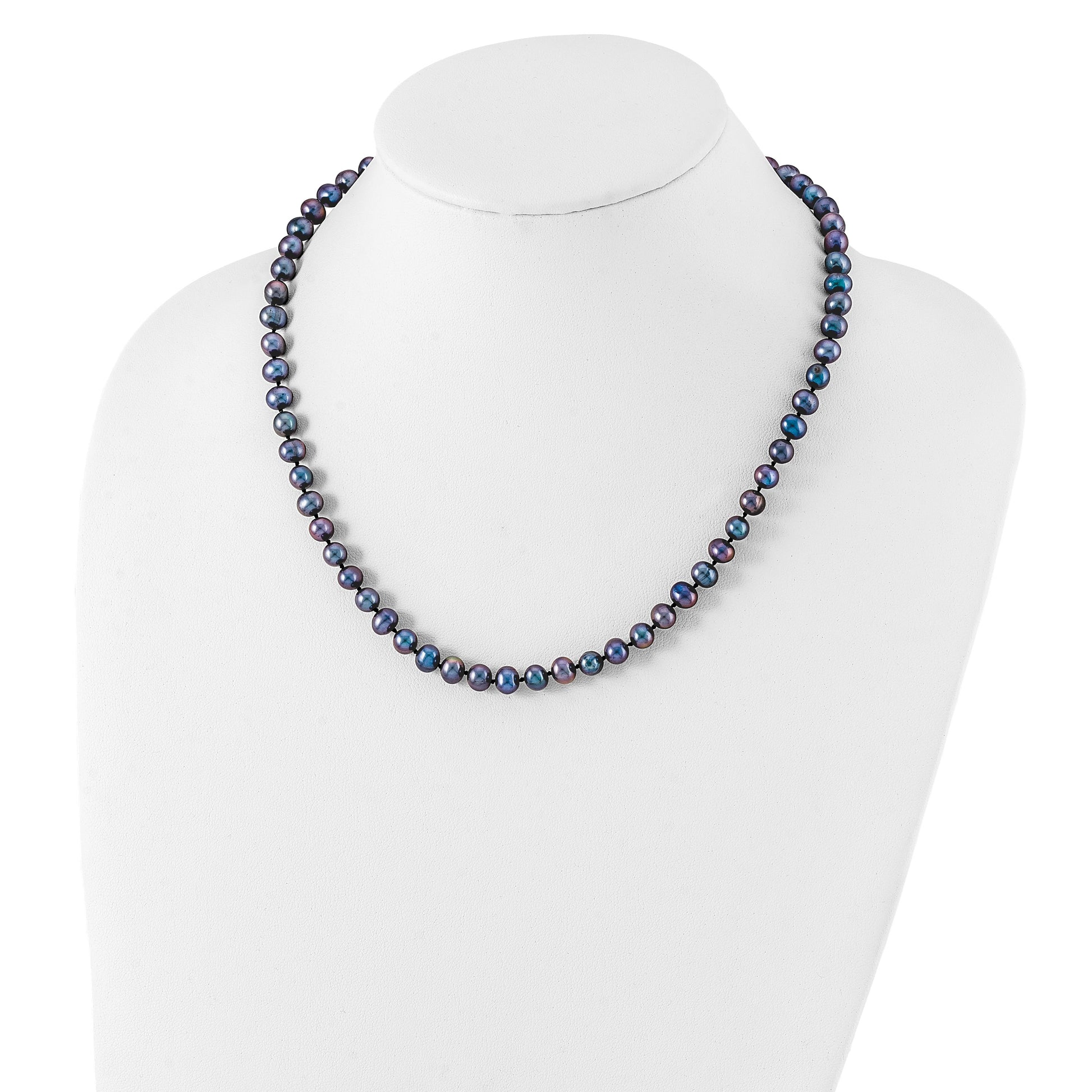Sterling Silver Rhodium-plated 6-7mm Black Near-Round Freshwater Cultured Pearl 18 inch Necklace