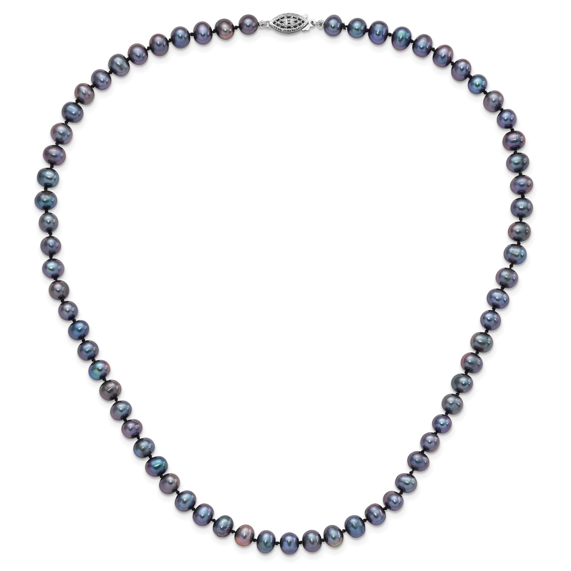 Sterling Silver Rhodium-plated 6-7mm Black Near-Round Freshwater Cultured Pearl 18 inch Necklace