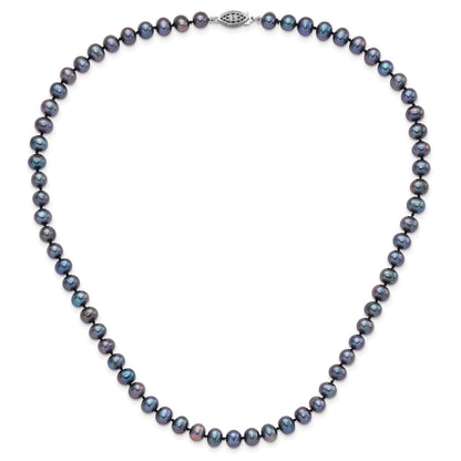 Sterling Silver Rhodium-plated 6-7mm Black Near-Round Freshwater Cultured Pearl 18 inch Necklace