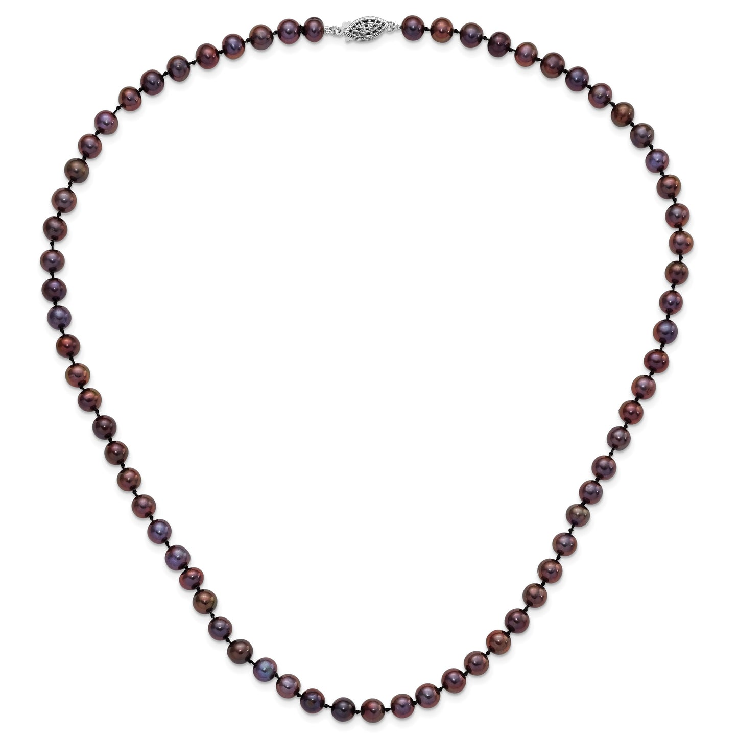 Sterling Silver Rhodium-plated 6-7mm Black Near-Round Freshwater Cultured Pearl 20 inch Necklace