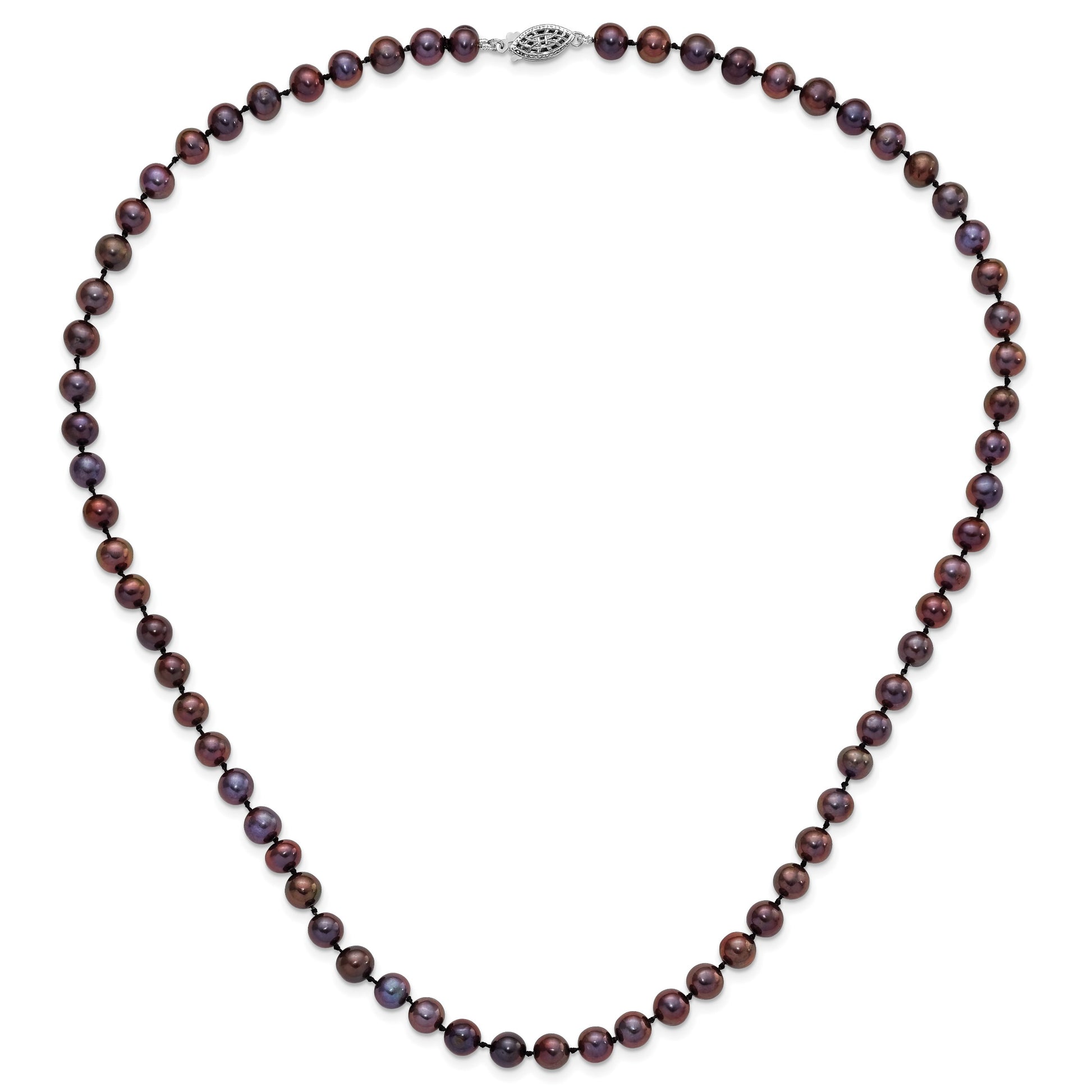 Sterling Silver Rhodium-plated 6-7mm Black Near-Round Freshwater Cultured Pearl 20 inch Necklace