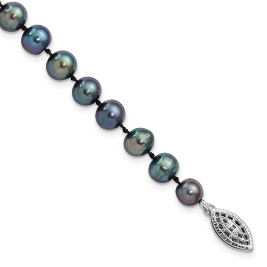 Sterling Silver Rhodium-plated 6-7mm Black Near-Round Freshwater Cultured Pearl 7.25 inch Bracelet