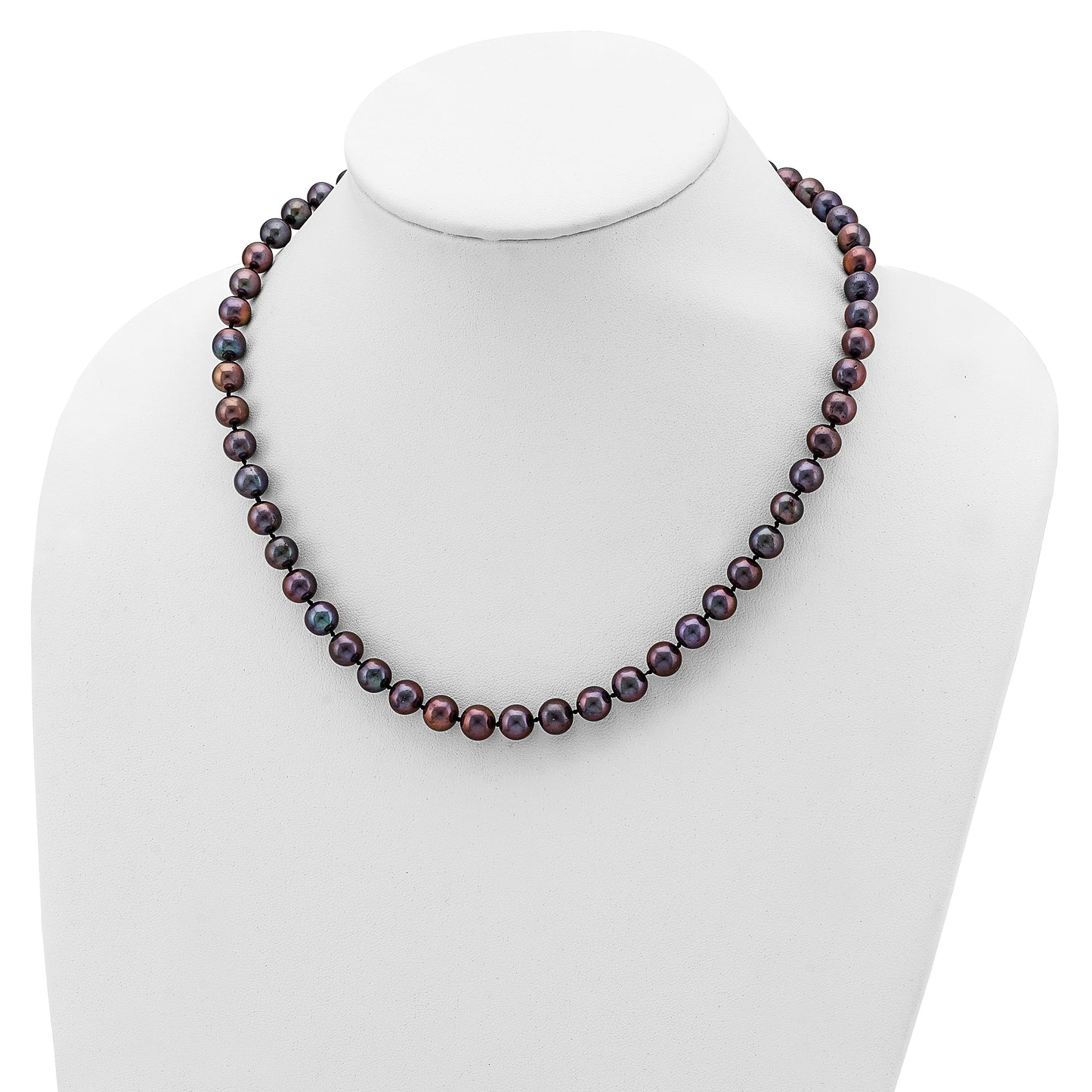 Sterling Silver Rhodium-plated 7-8mm Black Near-Round Freshwater Cultured Pearl 18 inch Necklace