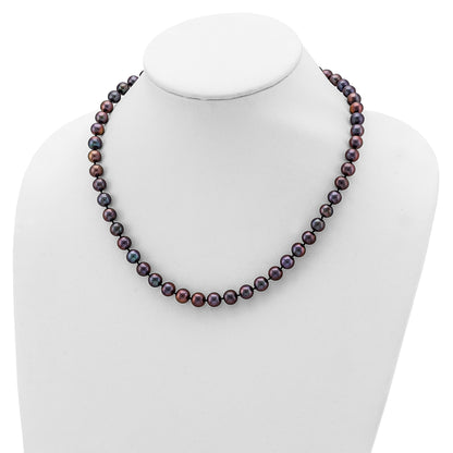 Sterling Silver Rhodium-plated 7-8mm Black Near-Round Freshwater Cultured Pearl 18 inch Necklace