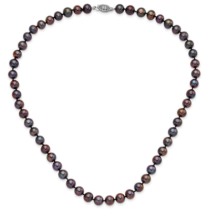 Sterling Silver Rhodium-plated 7-8mm Black Near-Round Freshwater Cultured Pearl 18 inch Necklace
