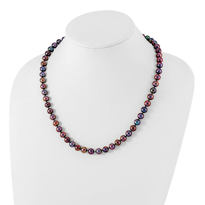 Sterling Silver Rhodium-plated 7-8mm Black Near-Round Freshwater Cultured Pearl 20 inch Necklace