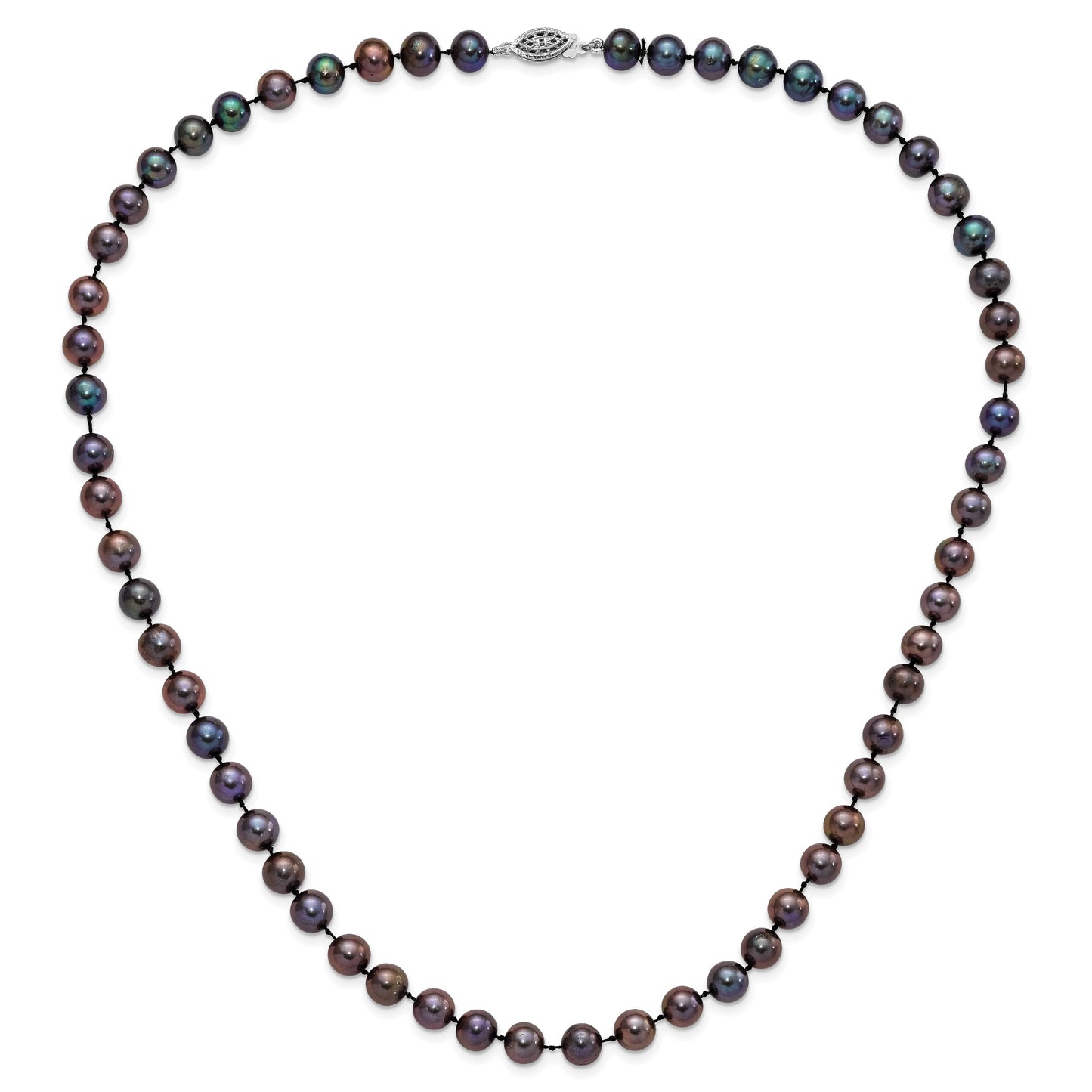 Sterling Silver Rhodium-plated 7-8mm Black Near-Round Freshwater Cultured Pearl 20 inch Necklace