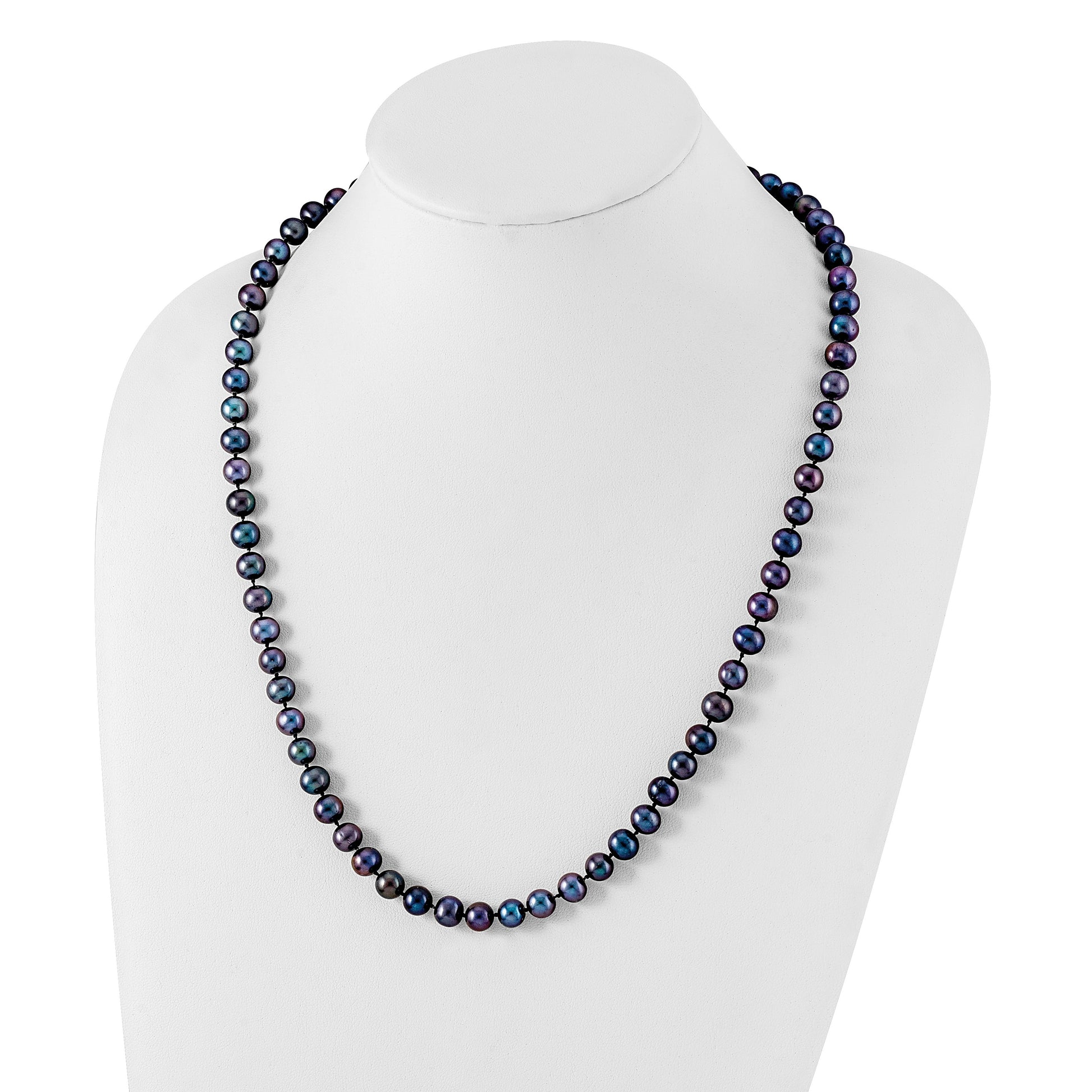 Sterling Silver Rhodium-plated 7-8mm Black Near-Round Freshwater Cultured Pearl 24 inch Necklace