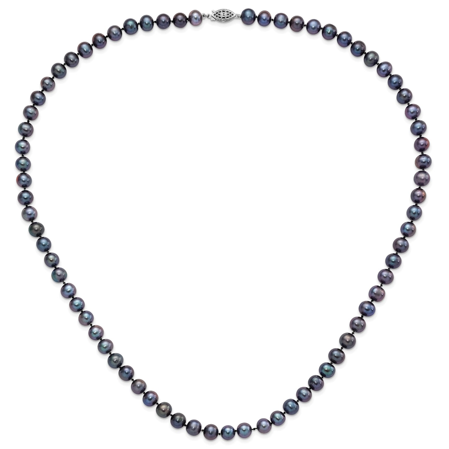Sterling Silver Rhodium-plated 7-8mm Black Near-Round Freshwater Cultured Pearl 24 inch Necklace
