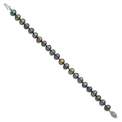Sterling Silver Rhodium-plated 7-8mm Black Near-Round Freshwater Cultured Pearl 7.25 inch Bracelet
