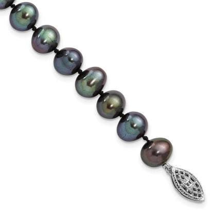 Sterling Silver Rhodium-plated 7-8mm Black Near-Round Freshwater Cultured Pearl 7.25 inch Bracelet