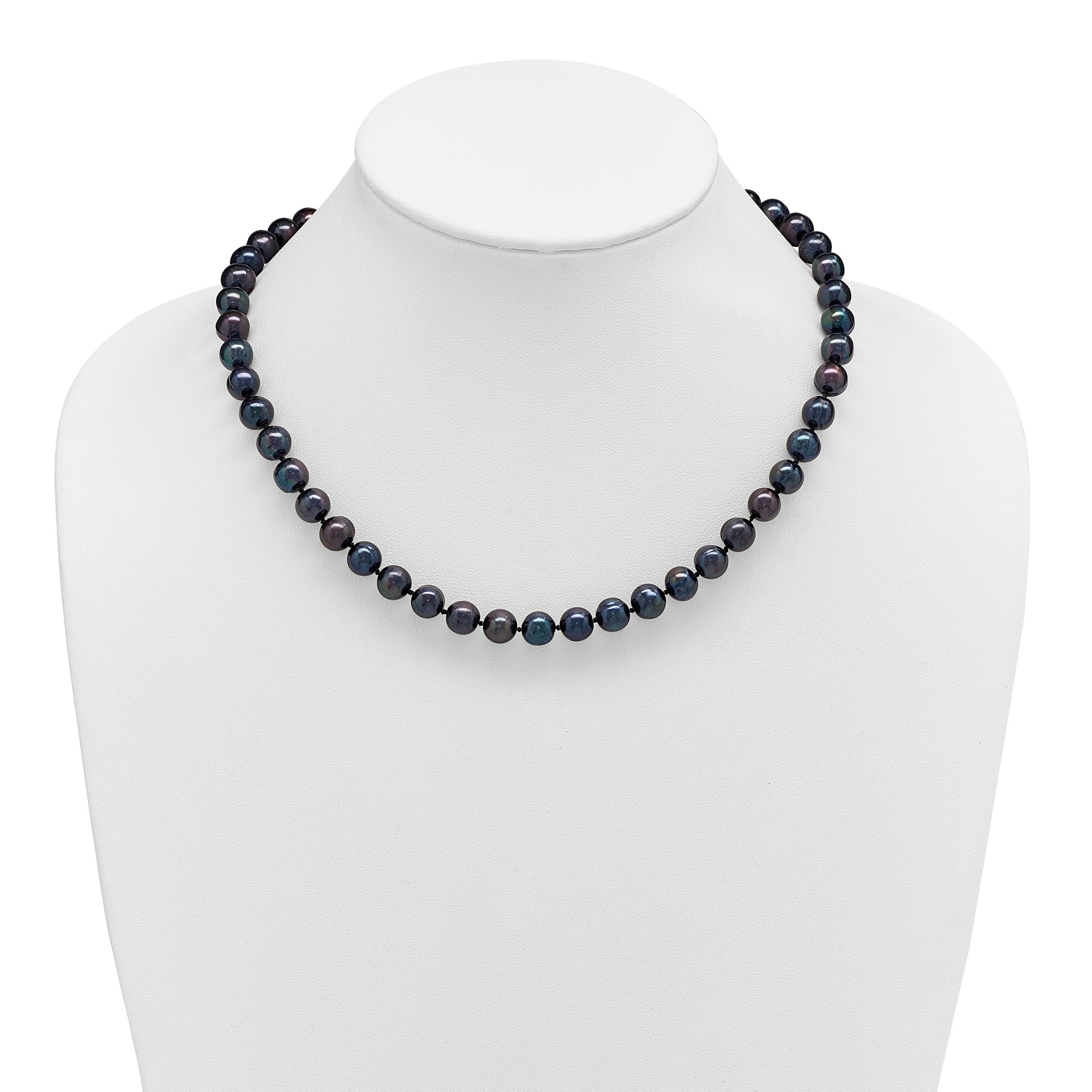 Sterling Silver Rhodium-plated 8-9mm Black Near-Round Freshwater Cultured Pearl 18 inch Necklace