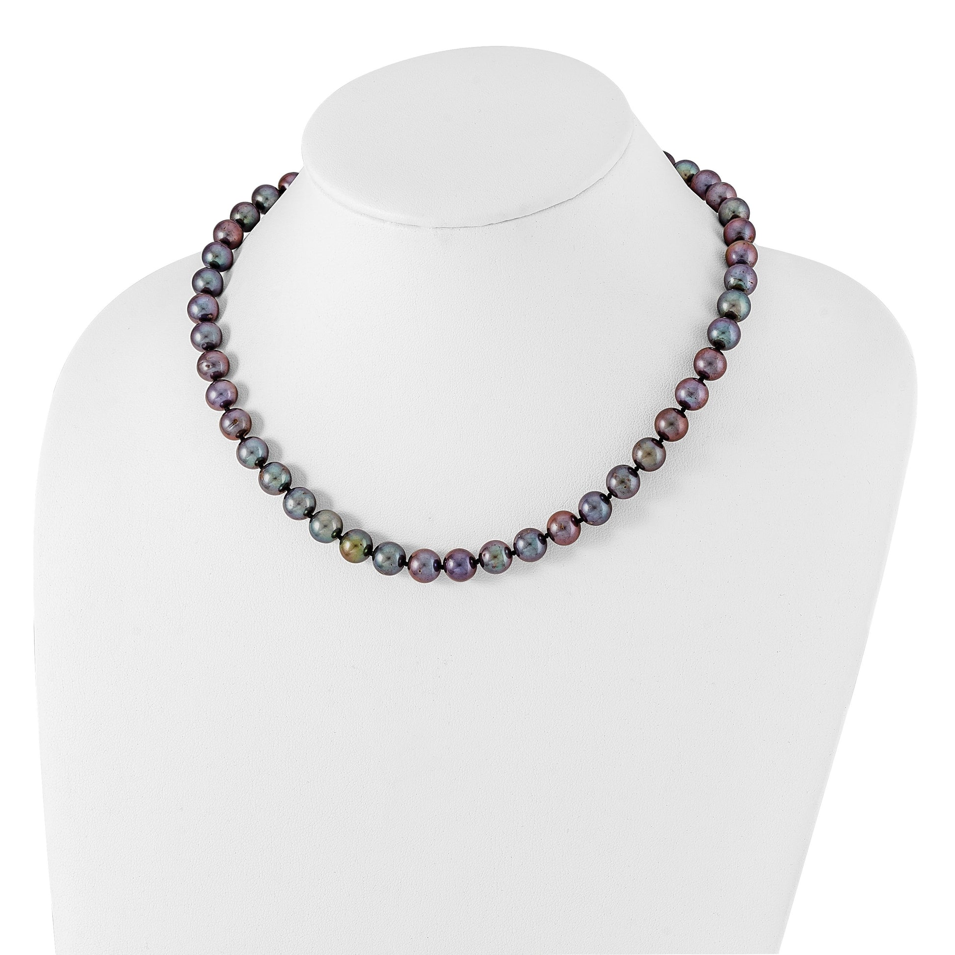 Sterling Silver Rhodium-plated 9-10mm Black Near-Round Freshwater Cultured Pearl 18 inch Necklace