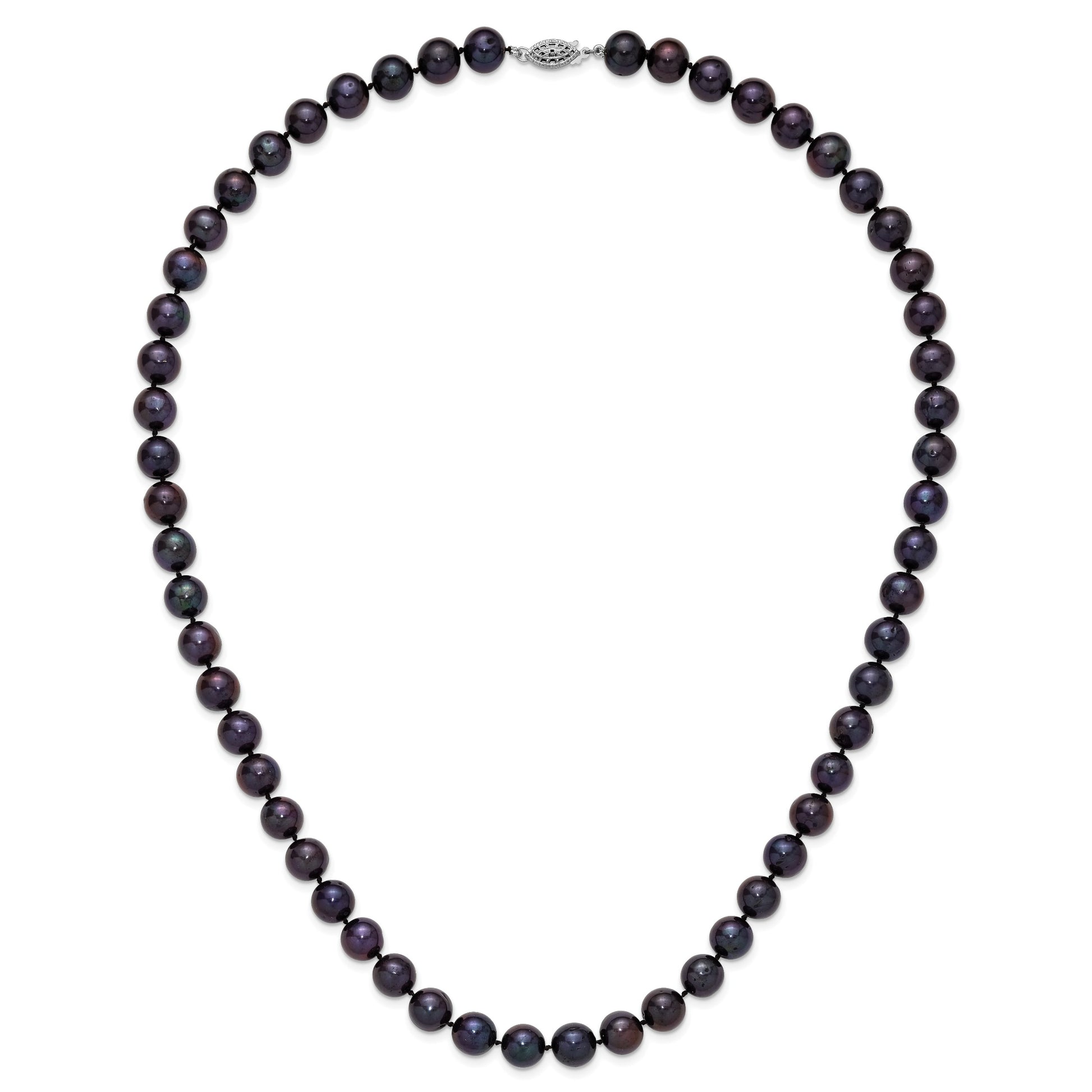 Sterling Silver Rhodium-plated 10-11mm Black Near-Round Freshwater Cultured Pearl 24 inch Necklace