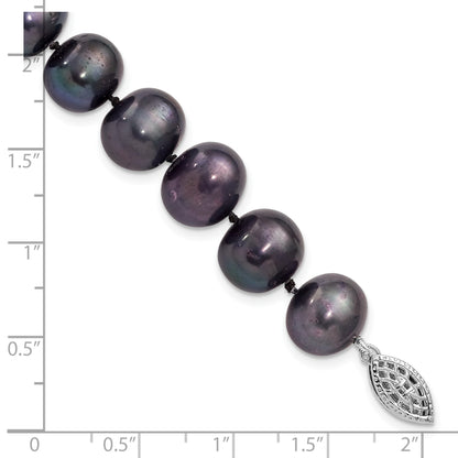 Sterling Silver Rhodium-plated 10-11mm Black Near-Round Freshwater Cultured Pearl 7.25 inch Bracelet
