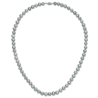 Sterling Silver Rhodium-plated 8-9mm Grey Near-Round Freshwater Cultured Pearl 24 inch Necklace