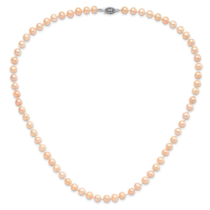 Sterling Silver Rhodium-plated 6-7mm Pink Near-Round Freshwater Cultured Pearl 20 inch Necklace