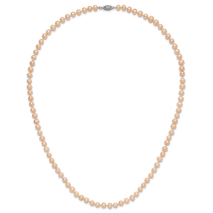 Sterling Silver Rhodium-plated 6-7mm Pink Near-Round Freshwater Cultured Pearl 24 inch Necklace