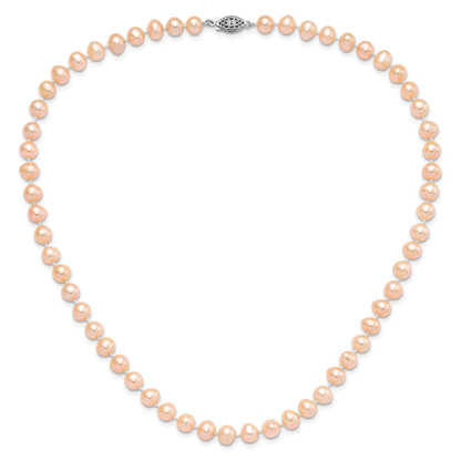Sterling Silver Rhodium-plated 7-8mm Pink Near-Round Freshwater Cultured Pearl 18 inch Necklace