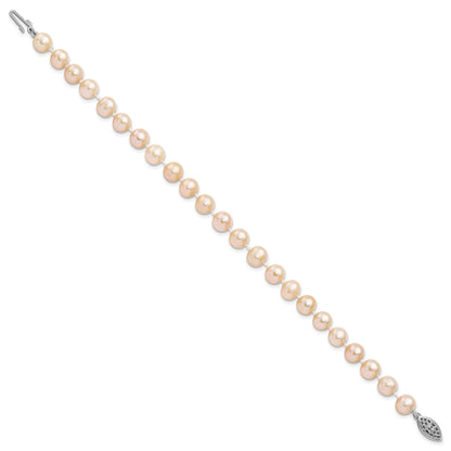 Sterling Silver Rhodium-plated 7-8mm Pink Near-Round Freshwater Cultured Pearl 7.25 inch Bracelet