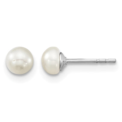 Sterling Silver Rhodium-plated 4-5mm White Semi-Round Freshwater Cultured Pearl 14 inch Necklace, 5 inch Bracelet and Post Earrings Set