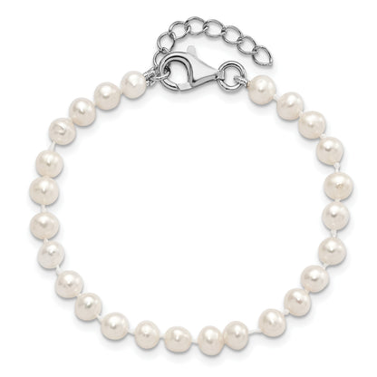 Sterling Silver Rhodium-plated 4-5mm White Semi-Round Freshwater Cultured Pearl 14 inch Necklace, 5 inch Bracelet and Post Earrings Set