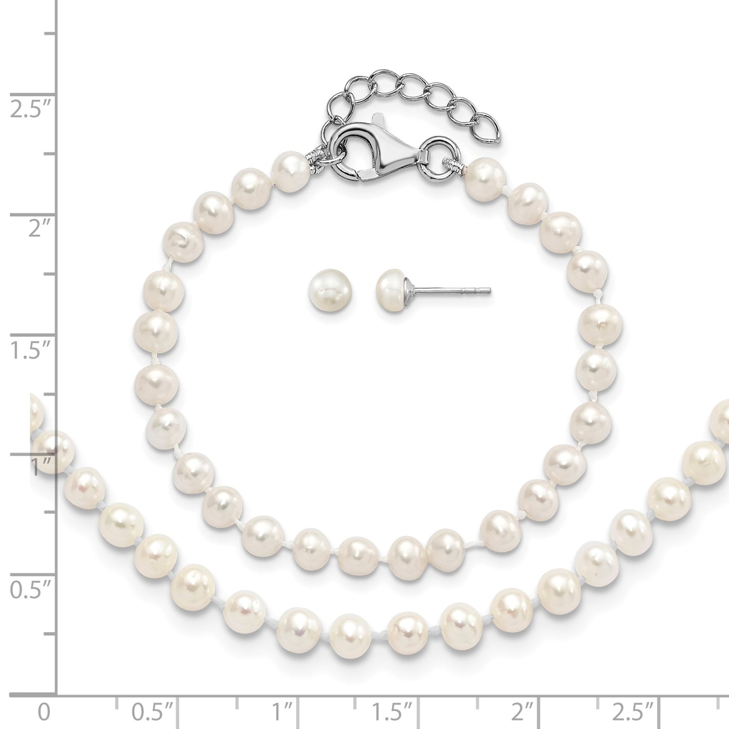 Sterling Silver Rhodium-plated 4-5mm White Semi-Round Freshwater Cultured Pearl 14 inch Necklace, 5 inch Bracelet and Post Earrings Set