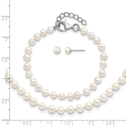 Sterling Silver Rhodium-plated 4-5mm White Semi-Round Freshwater Cultured Pearl 14 inch Necklace, 5 inch Bracelet and Post Earrings Set