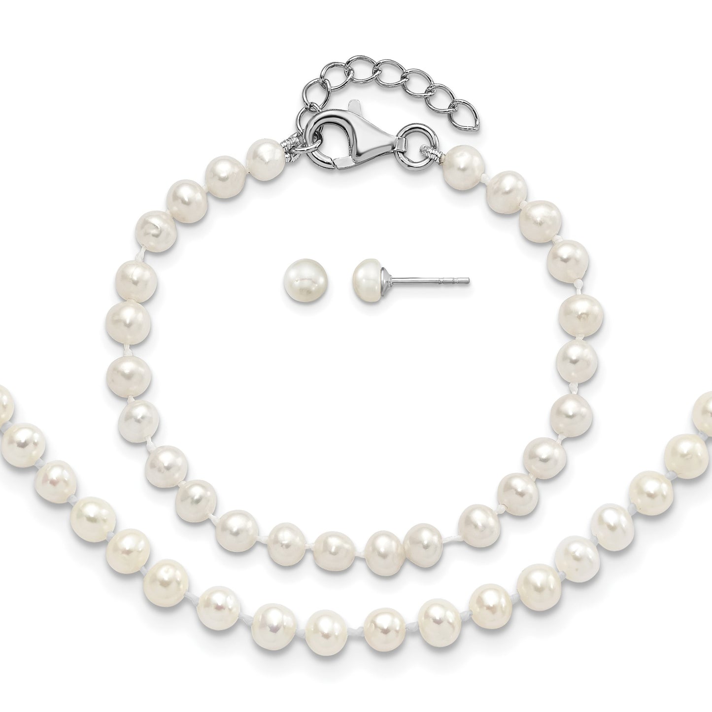 Sterling Silver Rhodium-plated 4-5mm White Semi-Round Freshwater Cultured Pearl 14 inch Necklace, 5 inch Bracelet and Post Earrings Set