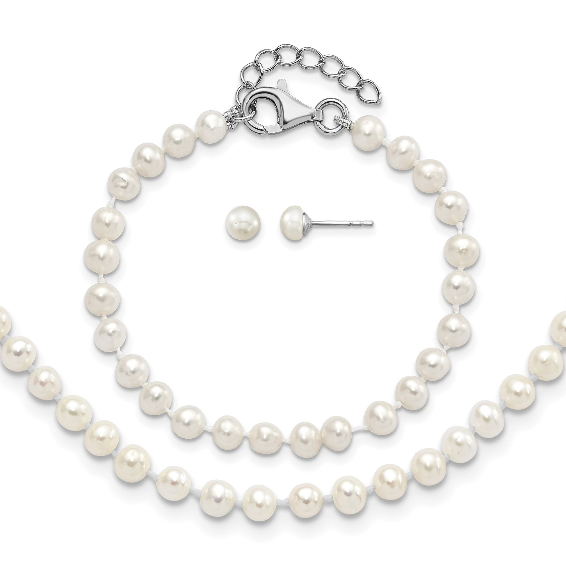 Sterling Silver Rhodium-plated 4-5mm White Semi-Round Freshwater Cultured Pearl 14 inch Necklace, 5 inch Bracelet and Post Earrings Set