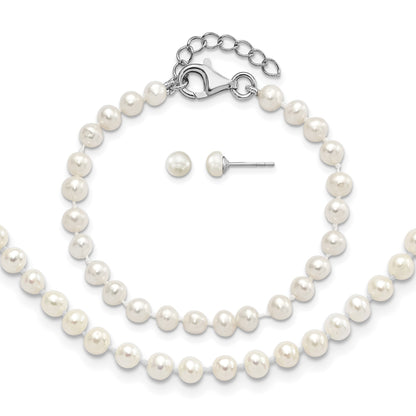 Sterling Silver Rhodium-plated 4-5mm White Semi-Round Freshwater Cultured Pearl 14 inch Necklace, 5 inch Bracelet and Post Earrings Set