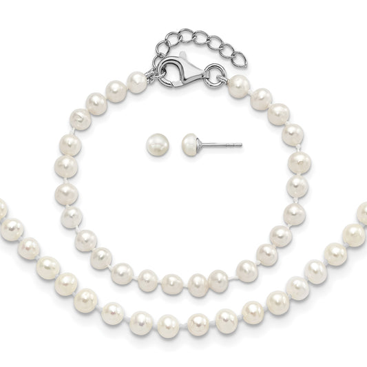 Sterling Silver Rhodium-plated 4-5mm White Semi-Round Freshwater Cultured Pearl 14 inch Necklace, 5 inch Bracelet and Post Earrings Set
