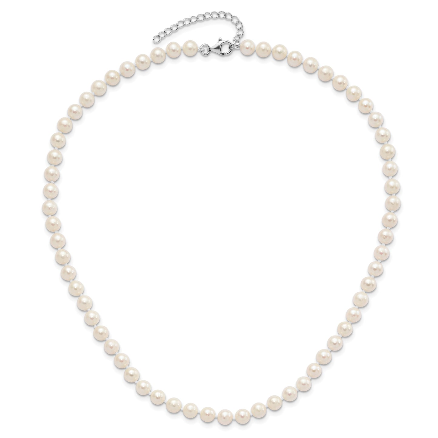Sterling Silver Rhodium-plated 6-7mm White Semi-Round Freshwater Cultured Pearl 18 inch with 2 inch Extension Necklace, 7 inch Bracelet and Button Post Earrings Set