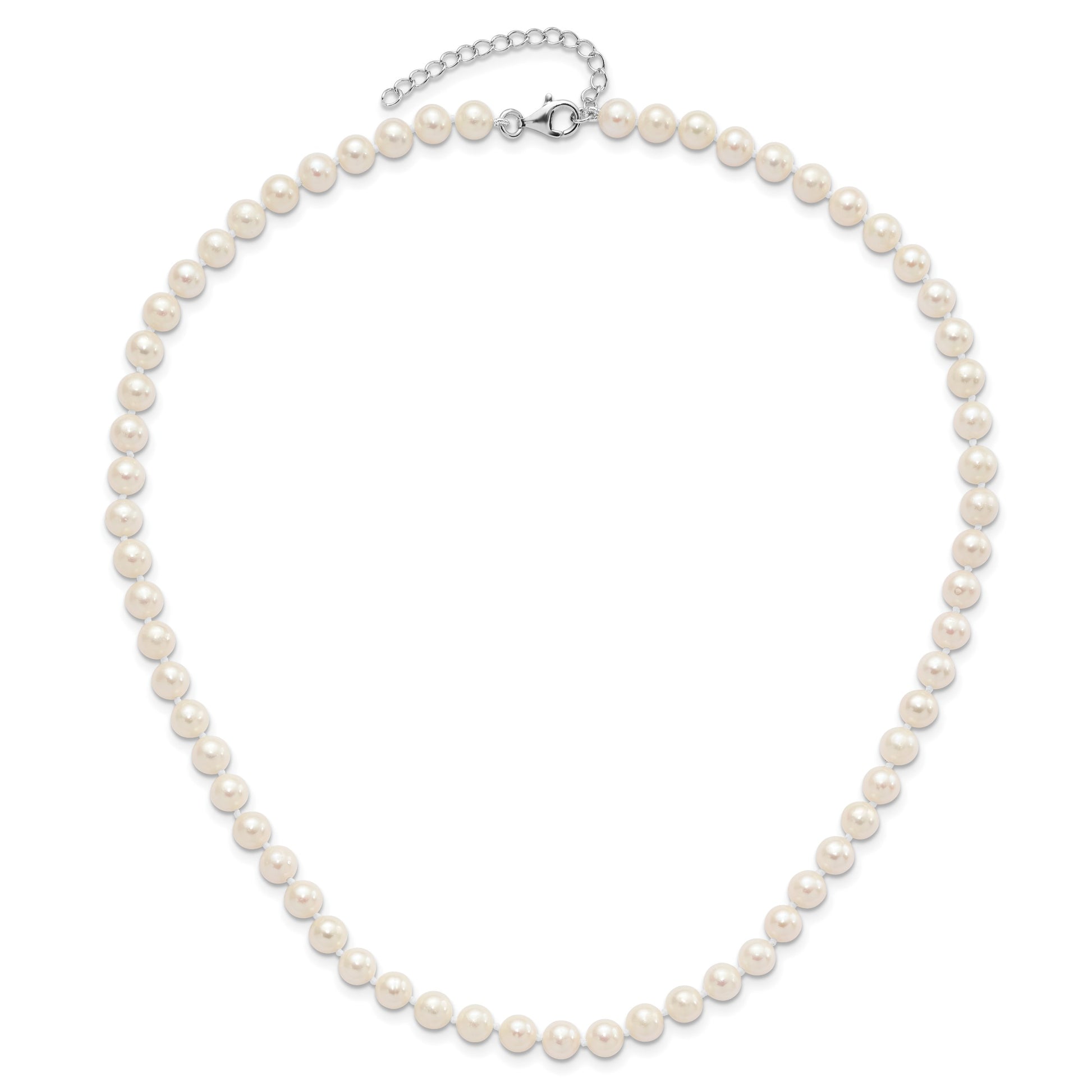Sterling Silver Rhodium-plated 6-7mm White Semi-Round Freshwater Cultured Pearl 18 inch with 2 inch Extension Necklace, 7 inch Bracelet and Button Post Earrings Set